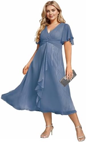 Ever-Pretty Plus Womens V Neck Pleated Plus Size Short Sleeves A Line Midi Semi Formal Dresses 02131-DA