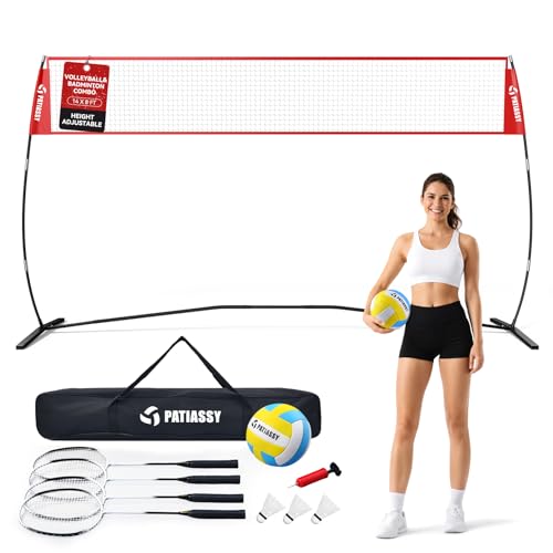 Volleyball Badminton Net Set Combo, 14FT Portable Net System with 5.1FT8FT Adjustable Height, Backyard Outdoor Game Set with 4 Aluminum Rackets, 3 Shuttlecocks for Lawn Beach Indoor Outdoor Play