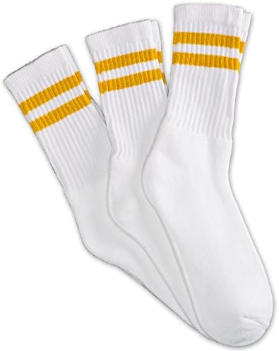 ImpressD Clothing 12 Pairs white unisex crew socks with two mustard yellow stripes classic retro old school