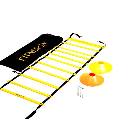 Speed and Agility Ladder Training Equipment Yellow 12 Rung Ladder Free Carrying Bag  10 Speed Cones 5 Orange  5 Yellow  4 Pegs & D-Rings Soccer Football