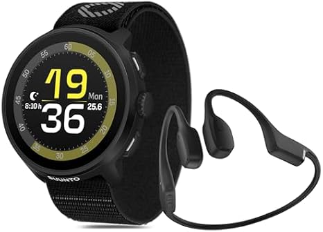 SUUNTO Run Sport Watch, Running GPS Watch All Black (w/Textile Strap) Sonic Open-Ear Bone Conduction Sports Bluetooth Headphones Black
