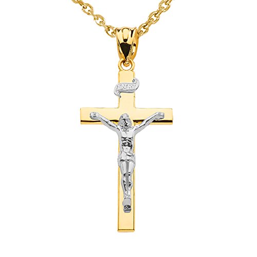 10K Two Tone Gold Linear Cross 1.15 INRI Crucifix Charm Pendant Necklace Religious Jewelry - Choice of Chain Lengths