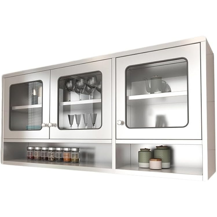 Kitchen Wall Cabinet, Stainless Steel Double Door Storage Shelf with Adjustable Shelves, Wall-Mounted Cabinet for Living Room Kitchen BathroomSilver-B,150x30x70cm