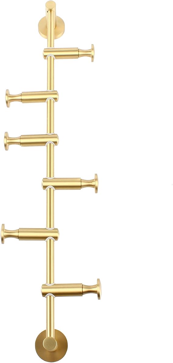 Modern Wall Mount Coat Rack, 6 Brass Sleek Coat Hooks Rack, Metal Vertical Tree Branch Coat Rack for Scarves Clothes Handbags Purses Hat, Space Saving Hanger (Brown)
