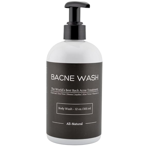 Bacne Wash: All Natural Back Acne Cleanser with Charcoal, Jojoba Oil, Tea Tree Oil, Neem Oil, Aloe Vera, Colloidal Oatmeal, and Vitamin E - Body Acne Wash for All Skin Types