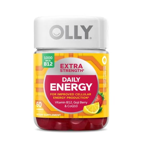 OLLY Extra Strength Daily Energy Gummy, Caffeine Free Cellular Energy Production, 1000 mcg Vitamin B12, CoQ10, Goji Berry, Adult Chewable Supplement, Berry Yuzu Flavored, 30 Day Supply - 60 Count