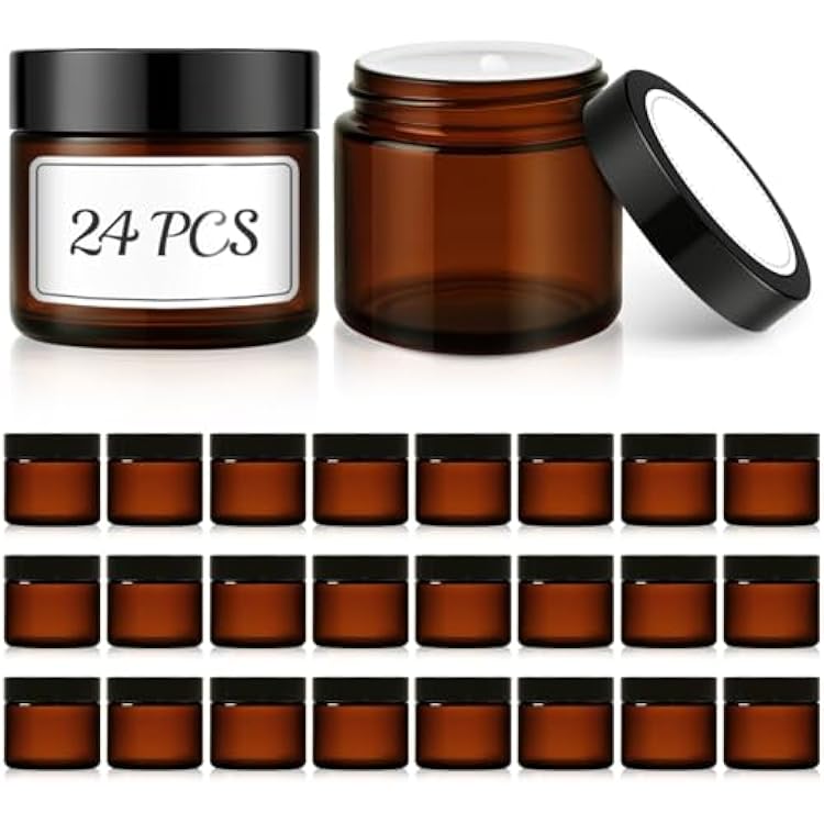 Bumobum 2 oz Small Glass Jars with Lids, 24 Pack Amber Glass Cosmetic Jars with Inner Liners, 60ml Round Empty Sample Containers for Lotion, Cream, Salve, Powders and Ointments Storage