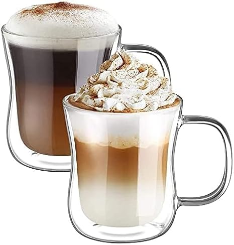 Ecooe Double Wall Glass 350ml 2-Piece Set, No Condensation Double Wall Glass Cup, Borosilicate Heat Resistant Glass Cup with Handle, Lightweight and Comfortable Tumbler Glass, Coffee, Tea, Hot Drinks