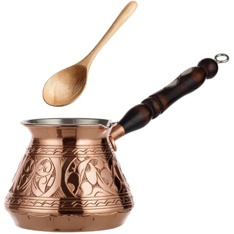 DEMMEX 2019-9 Oz Thick 2mm Copper Turkish Greek Arabic Engraved Coffee Pot Stovetop Coffee Maker Cezve Ibrik Briki with Wooden Handle & Wooden Pot Spoon, for 3 People