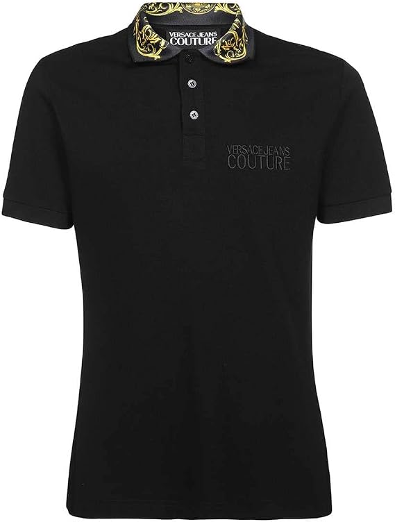 VERSACE JEANS COUTURE Men's Black Pique Polo T-Shirt with Gold Print Collar