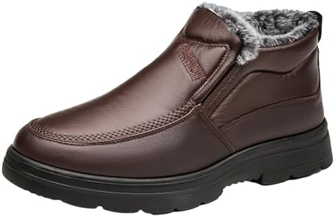 Mens Leather Snow Boots Warm Fur Lined Winter Boots Hand Stitched Low Non-Slip Outdoor Water Resistant Sneaker Boots Lightweight Casual Walking Loafers