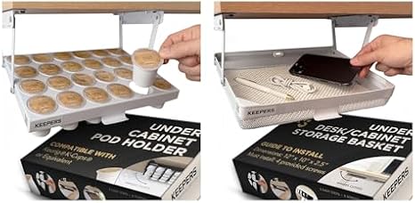 COFFEEKEEPERS KEEPERS Under Cabinet K-Cup Holder  Storage Basket Bundle - 24 Pod Keurig Coffee Organizer  Kitchen Storage Set - White Steel Swing-Down Coffee Bar Accessories - Pod Stand