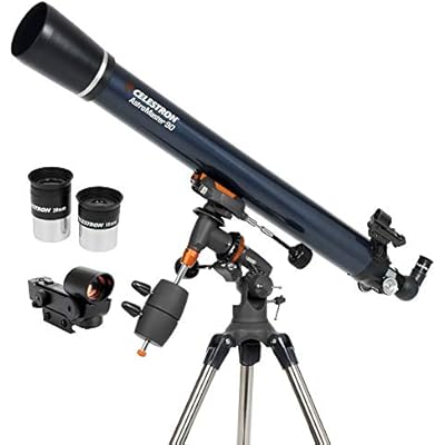 Celestron AstroMaster 90EQ Refractor Manual Telescope for Beginners Fully-Coated Optics Adjustable-Height Tripod Includes Accessories Plus Astronomy Software Package