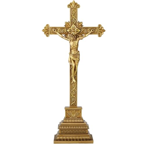 Standing Crucifix - 16 Inch Jesus Cross with Base for Home Table Decor, Gold Crucifix Standing Cross Catholic Wedding Altar Religious Gifts