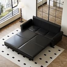 93.7" King Pull Out Sofa Bed, Faux Leather Sleeper Sofa Couch, 3 in 1 Convertible Futon Couches for Living Room, Small Space, Apartment, Office, Bedroom, Modern Rivet Armrest, Black