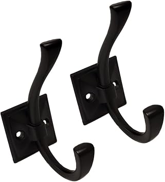 QCAA Coat and Hat Hook, Zinc Die Cast, Matte Black, 2 Pack, Made in Taiwan