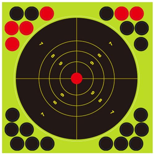 50 Pack 6x6 Inch Splatter Shooting Targets 5 Inch Bullseye with Fluorescent Burst & Repair Patches Ideal for Shooting Range Practice, Drills, Indoor & Outdoor Use