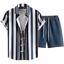 Hodaweisolp Men Striped Shirt & Drawstring Waist Shorts Two Piece Outfit Button Down Shirt and Shorts Set (Without Tee)