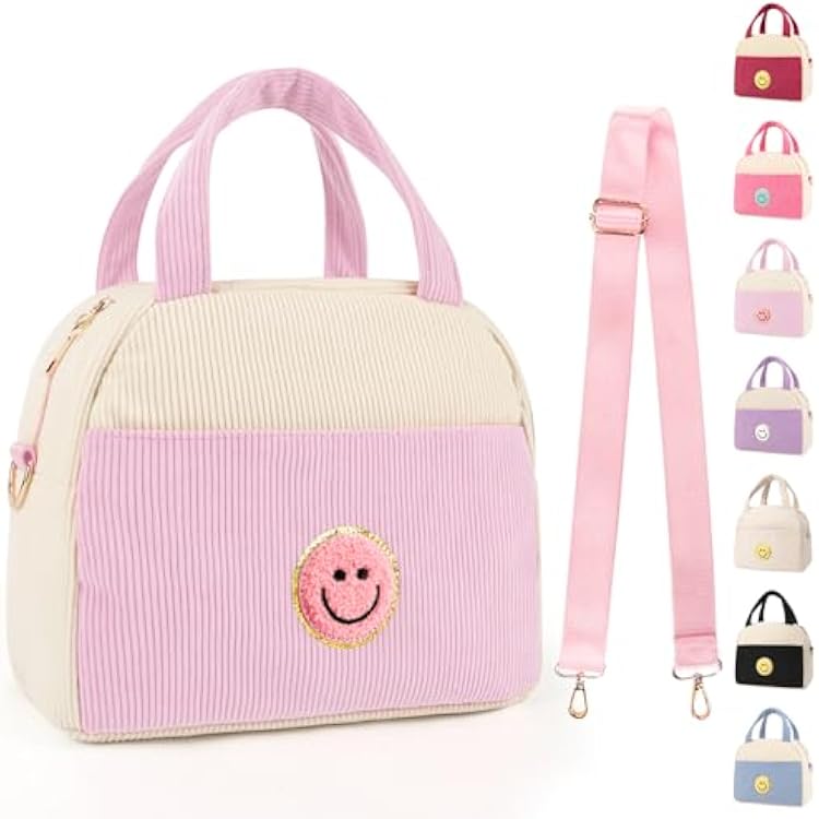 Kids Lunch Bag Lunch Box for Teen Girls Boys Back to School, Cute Preppy Lunchbox With Adjustable Shoulder Strap, Insulated Corduroy Lunch-Boxes Lunch-Bags for Women Work Picnic Light Pink