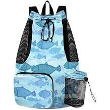 Blue Swimming Fish Swim Bag Mesh Sports Drawstring Backpack with Wet Pocket Waterproof Swimming Gym Backpack for Men Women