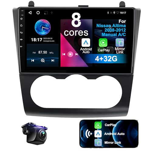 8 Core 432G Car Radio for Nissan Altima 2008 2009 2010 2011 2012 Manual AC with Wireless CarPlay Android Auto, 9 inch HD Touchscreen Car Stereo Player with Backup Camera, AMFMRDS, AUX, DSP, SWC