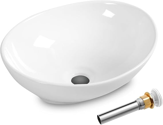 Giantex Bathroom Sink, Vessel Sink 16x13 Inch, Basin Porcelain with Anti-clogging Pop Up Drain, Countertop Bathroom Vanity Vessel Sink, Oval Ceramic Sink Bowl, Bathroom Vessel Sink, White