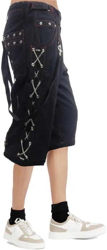Men Black Punk Shorts Gothic Black Cotton Shorts Punk Emo Shorts Red Stitching with Zipper/USA