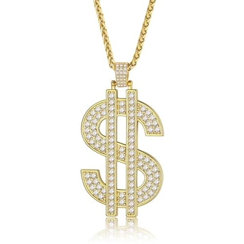 KeyStyle Dollar Sign Chain for Men, Fake Diamond Money Pendant Necklace Hip Hop Rhinestone Rapper Costume Jewelry Fashion Pendants with 2228 Inches Wheat Chain