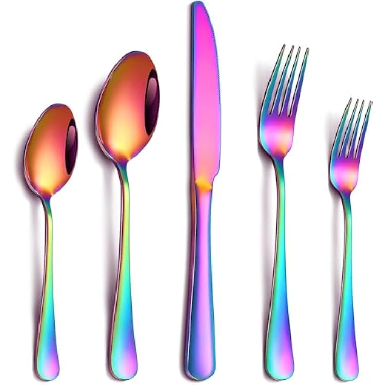Flatware Set, 24-Piece Stainless Steel Cutlery, Rainbow Silver Dinnerware with Knives, Forks, Spoons, Teaspoons, Dishwasher Safe