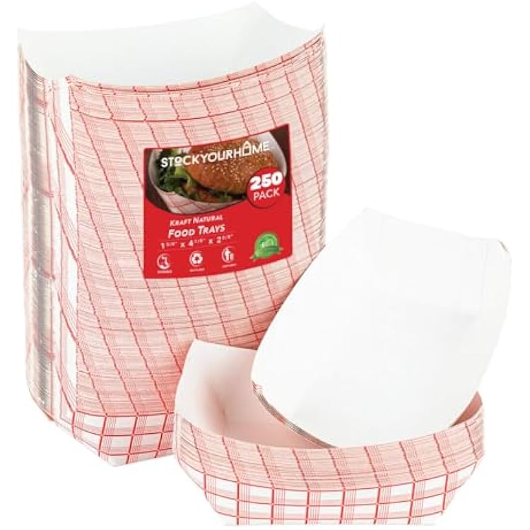 Stock Your Home Small Paper Food Boats 250 Pack 1 lb Disposable Red & White Checkered Paper Trays, Eco-Friendly Serving Boats for Concession Food, Condiments & Nachos, 4.25 x 2.2