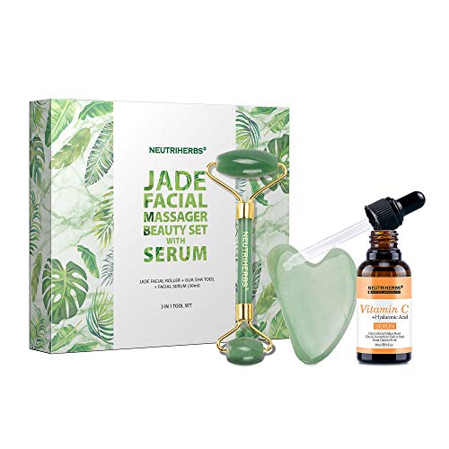 NEUTRIHERBS Jade Gua Sha & Face Roller & Vitamin C Serum Facial Tool Set3 in 1 Kit, Home Face Massager for Wrinkle,Fine Line,Puffiness,Firm Smooth Relax Skin -- Green