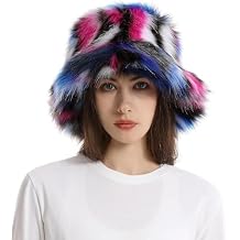 Womens Winter Faux Fur Bucket Hat Colorful Plush Furry Fisherman Cap Fuzzy Warm Snow Hat