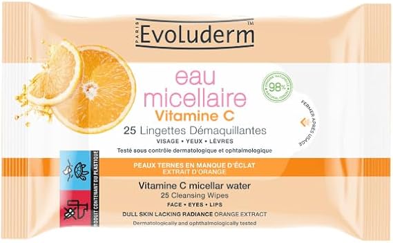EVOLUDERM - 25 Micellar Water Vitamin C Cleansing Wipes - 98% Natural Ingredients - Vegan