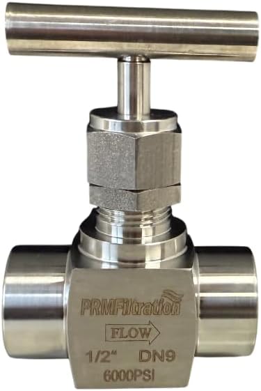 PRM 1/2 Inch Needle Valve, 304 Stainless Steel, Female NPT, 6000 PSI, PTFE Stem Seal, T-Design Handle, Temperature Range -65F to 450F for Precise Fluid Control in Industrial Applications