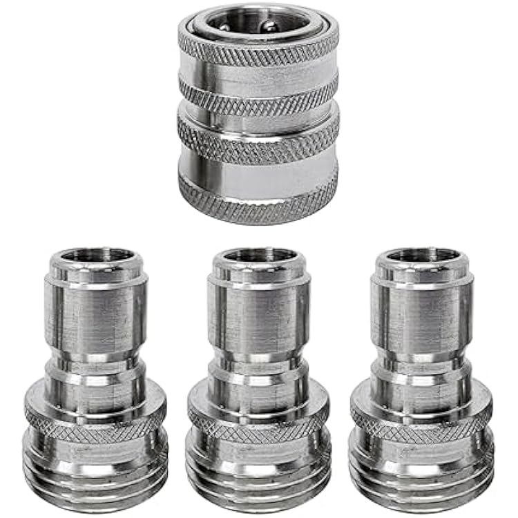 MTM Hydro Pressure Washer Adapter Set for Garden Hose 4 Piece 34 Quick Connect Fittings Kit, Stainless Steel High Pressure Couplings and Connectors, 1x3