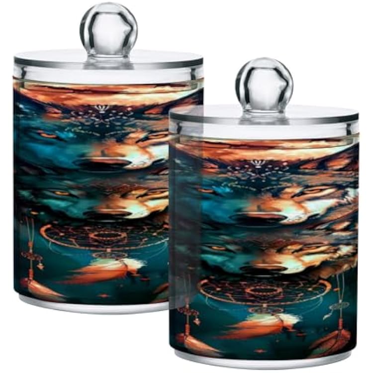 Apothecary Jars Bathroom Storage Organizer with Lid - 14 oz Qtip Holder Storage Canister, Dream Catcher Wolf Clear Plastic Jar for Cotton Swab, Cotton Ball, 4PCS