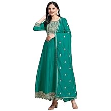 TRENDMALLS Women's Art Silk Embroidery Salwar Suit Set A line Pleated Kurta Pant with Dupatta
