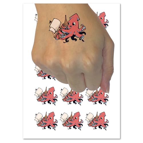 Adorable Sweet Kraken Squid Sea Monster Hug Ship Temporary Tattoo Water Resistant Fake Body Art Set Collection - 15 2 Tattoos 1 Sheet