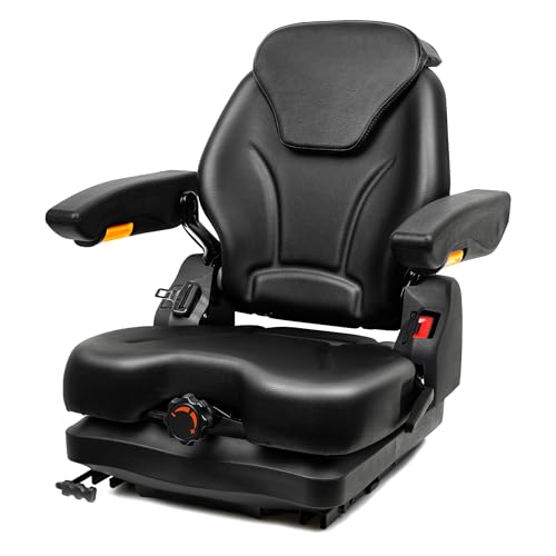 Tractor Suspension Seat, Fold Down Forklift seat with Adjustable Angle Back, Micro Switch, Seatbelt and Armrests, Highback Low Suspension Heavy Duty for Tractor Mower Excavator Harvester