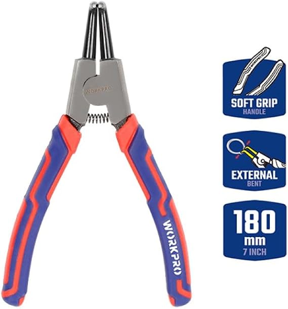 Workpro WP231151 180MM CR-V Eğri Uçlu Yaylı Profesyonel Dış Segman Pensesi, Kauçuk Saplı