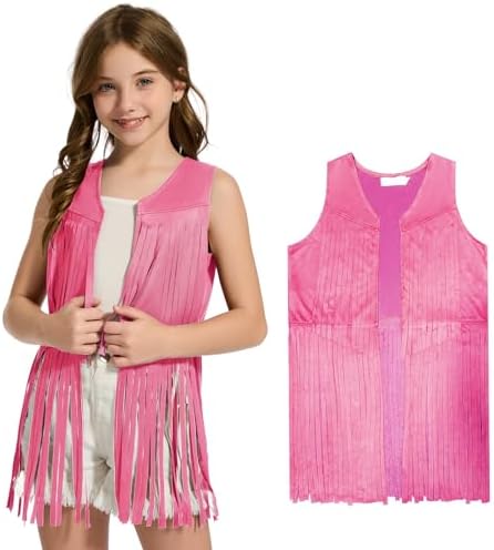 Girls Kids Fringe Vest Sleeveless Western Cowgirl Vest 60s 70s Hippie Faux Suede Tassels Jacket for Halloween