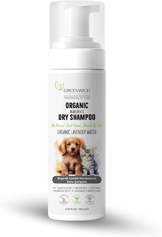 Greenwich Kedi ve Köpek Kuru Şampuanı 150 ml, Durulama Gerektirmeyen Vegan Temizleme Köpüğü, Banyo Aralarında Pratik Tüy Bakımı ve Ferah Görünüm Desteği