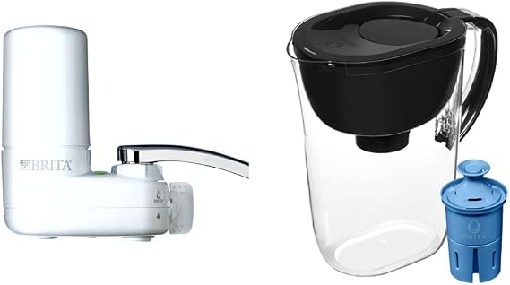 Brita Tap Water Filter System, Water Faucet Filtration System, White, 1 Pack & Large 10 Cup Water Filter Pitcher with 1 Brita Elite Filter, Made Without BPA, Everyday, Black