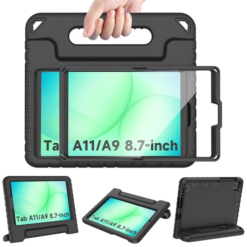 AVAWO Kids Case for New Samsung Galaxy Tab A11 8.7 Inch 2026 Tab A9 2023 8.7 with Built-in Screen Protector&Handle Stand - Shockproof Light Weight EVA Cover 2021 Tab A7 Lite,Black