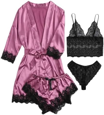 4Pcs Womens Lace Silk Pajamas Robes Set Pajamas Cami Shorts Satin Sleepwear Lace Loungewear Pjs