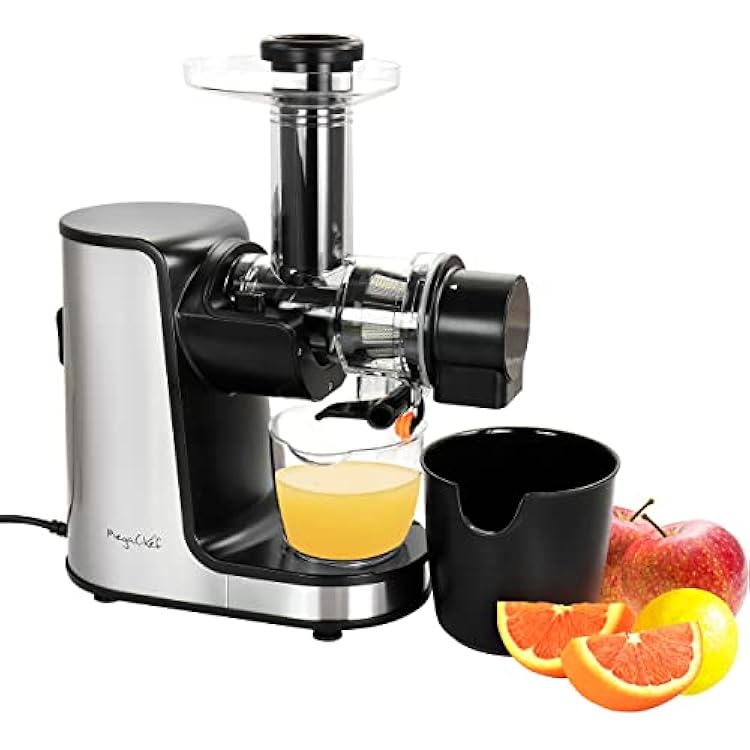 Megachef Masticating Slow Juicer Extractor with Reverse Function, Cold Press Juicer Machine with Quiet Motor, Chrome Silver