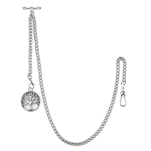 SIBOSUN Pocket Watch with Albert Chain, T Bar & Lobster Clasps, Curb Link Chain, 2 Hooks, Antique Life Tree Pendant Design Charm Fob