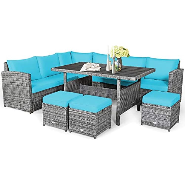 COSTWAY 7 PCS Wicker Outdoor Conversation Set, Patio Sectional Furniture Sofa Set with Table & Seat Cushions, Rattan Furniture Sets for Backyard Garden Poolside Porch, Turquoise