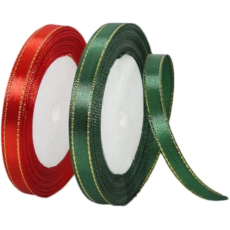 Christmas Ribbon, 38 Inch Red Dark Green Satin Ribbon for Christmas Decorations, 50 Yards Gold Edges Fabric Ribbon for Xmas Trees, Ornaments, DIY Crafts, Wreaths Bows and Gift Packaging