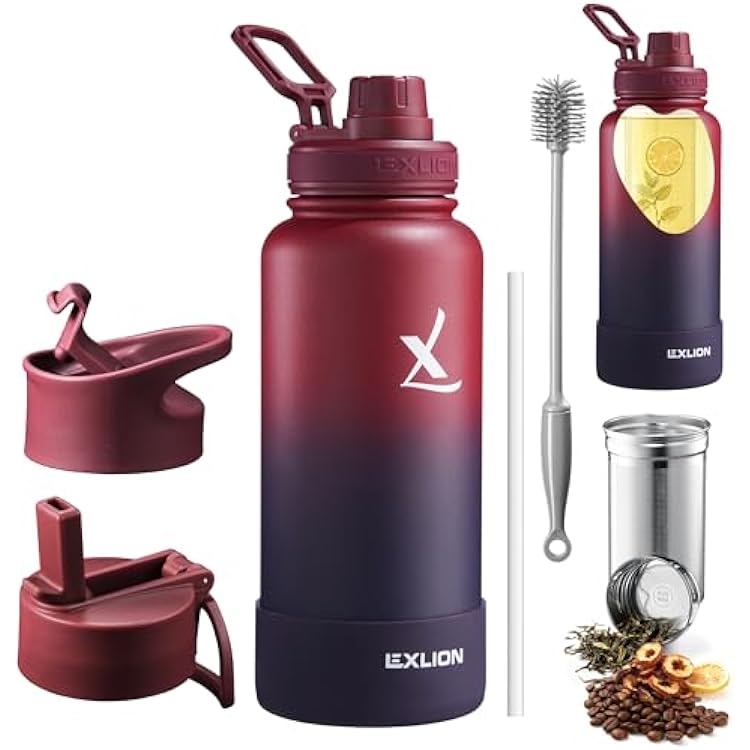 Lexlion Tea Infuser Water Bottle 32 Oz Triple Wall Insulated Stainless Steel, Loose Leaf & Fruit Strainer, 3 Leakproof Lids, BPA-Free Silicone Sleeve, Reusable Thermal Mug